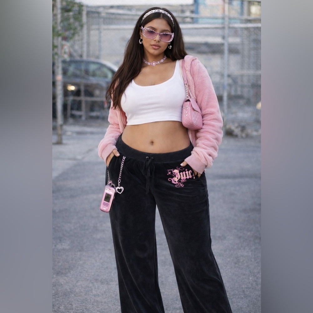 Vintage Juicy Couture Black Velour Track Pants Y2K Wide Leg Lounge Sweatpants L